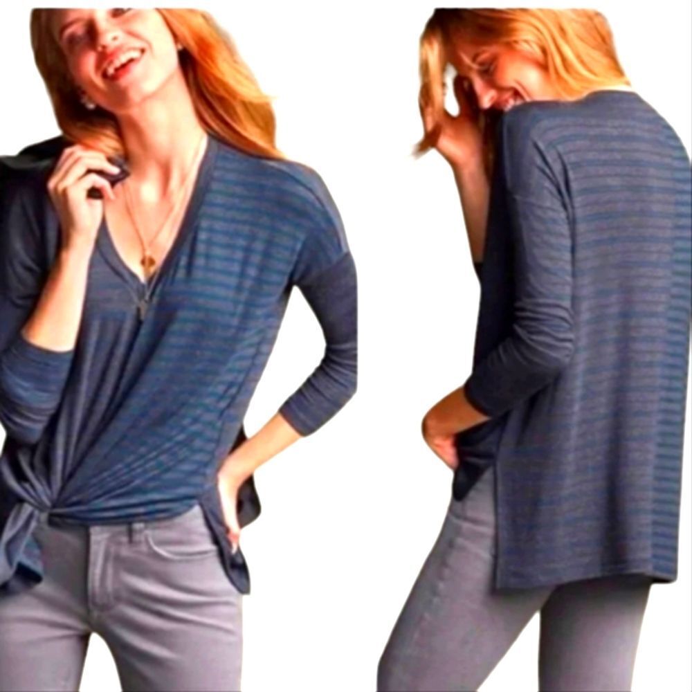 CAbi T Shirt Tunic Hybrid Stripe Long Sleeve 3687 Oversized Gray Blue Flowy M‎
